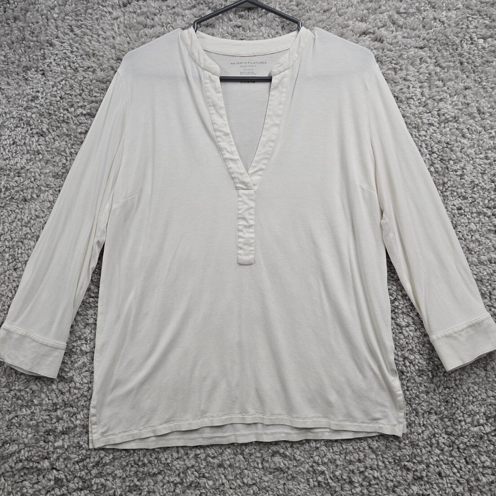 Majestic Filatures Women White 3/4 Sleeve Stretch Top Size 3 (Medium) Minimal‎